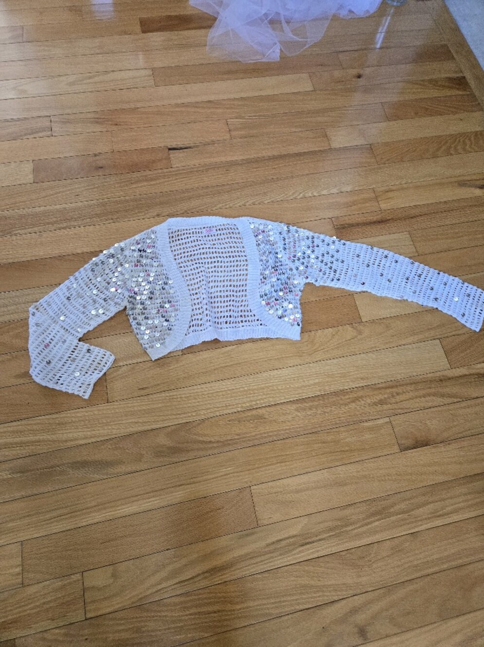 Justice White Sequin Cropped Open-Knit Shrug